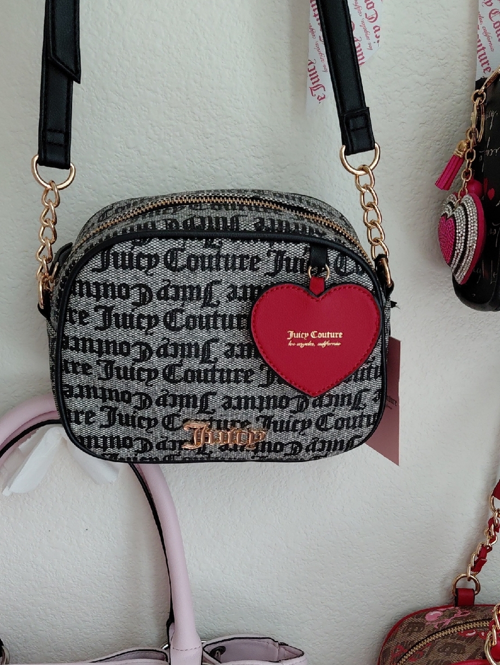 Juicy Couture Black Logo Crossbody Bag with Red Heart Charm